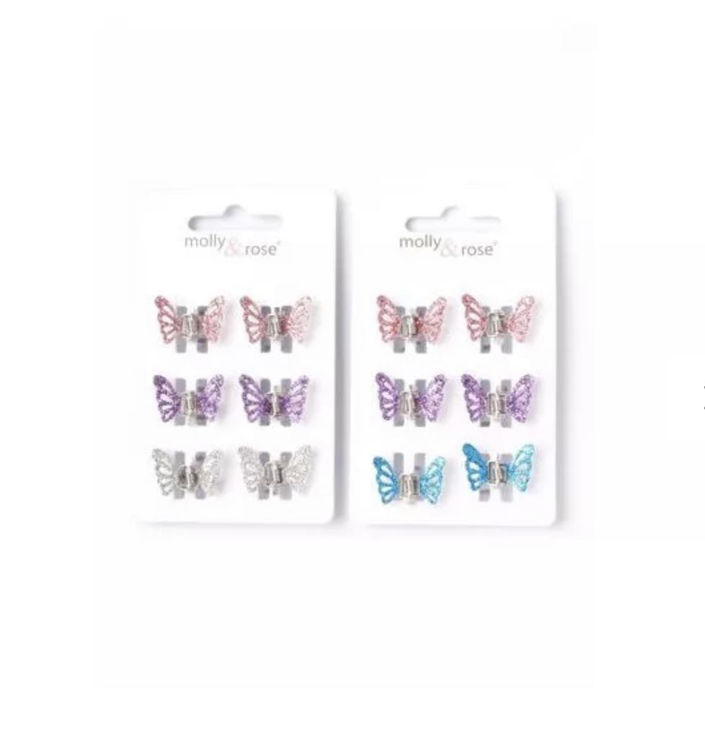 Picture of 8190 / 1900 CARD OF 6 GLITTER BUTTERFLY MINI CLAMPS 1CM